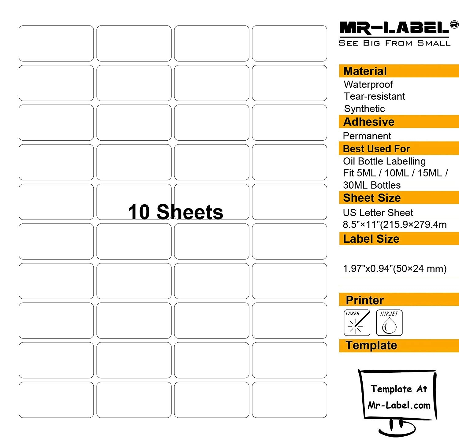 Mr Label Essential Oil Labels US Letter Sheet For Inkjet Laser Printer Fit 5ml 10ml 15ml 30ml Bottles And Rollers Smudge Proof Strong Glue MR LABEL