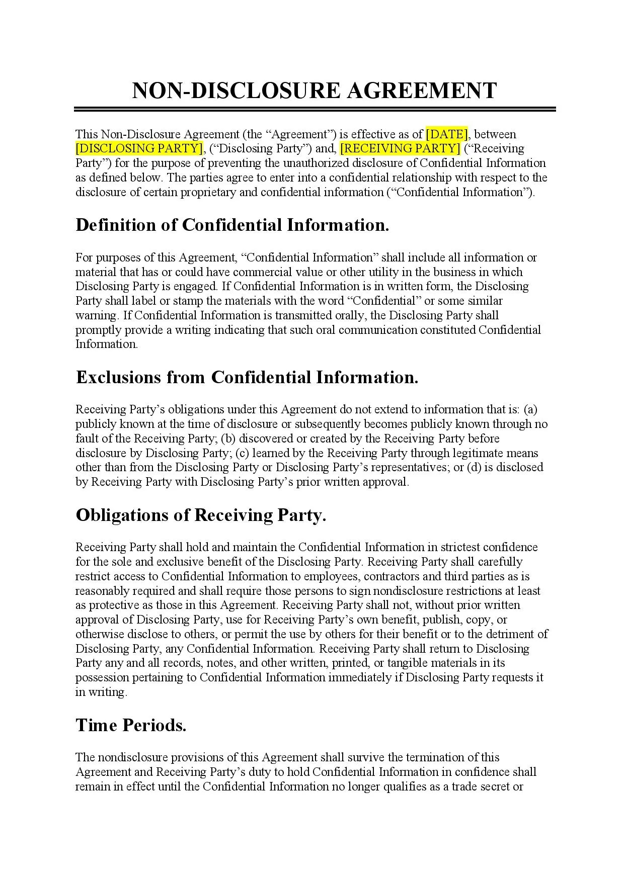 Non Disclosure Agreement Template Free Download Easy Legal Docs