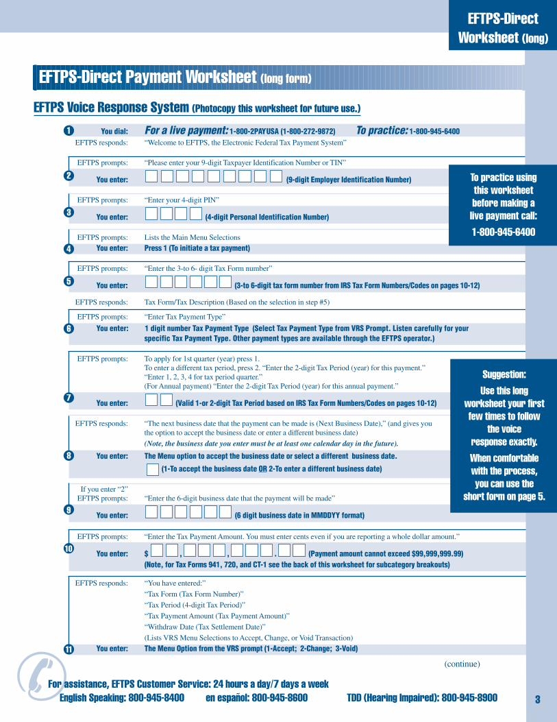 Eftps Direct Payment Worksheet Short Form Printable
