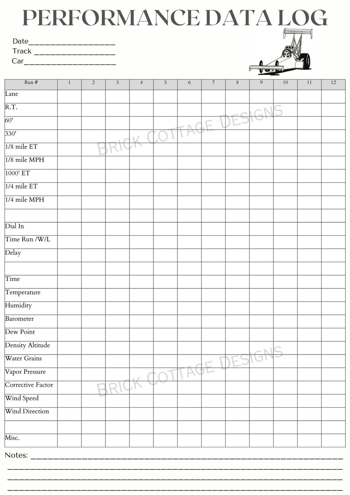 Performance Drag Racing Log Data Log 1 4 Mile Performance Log Etsy