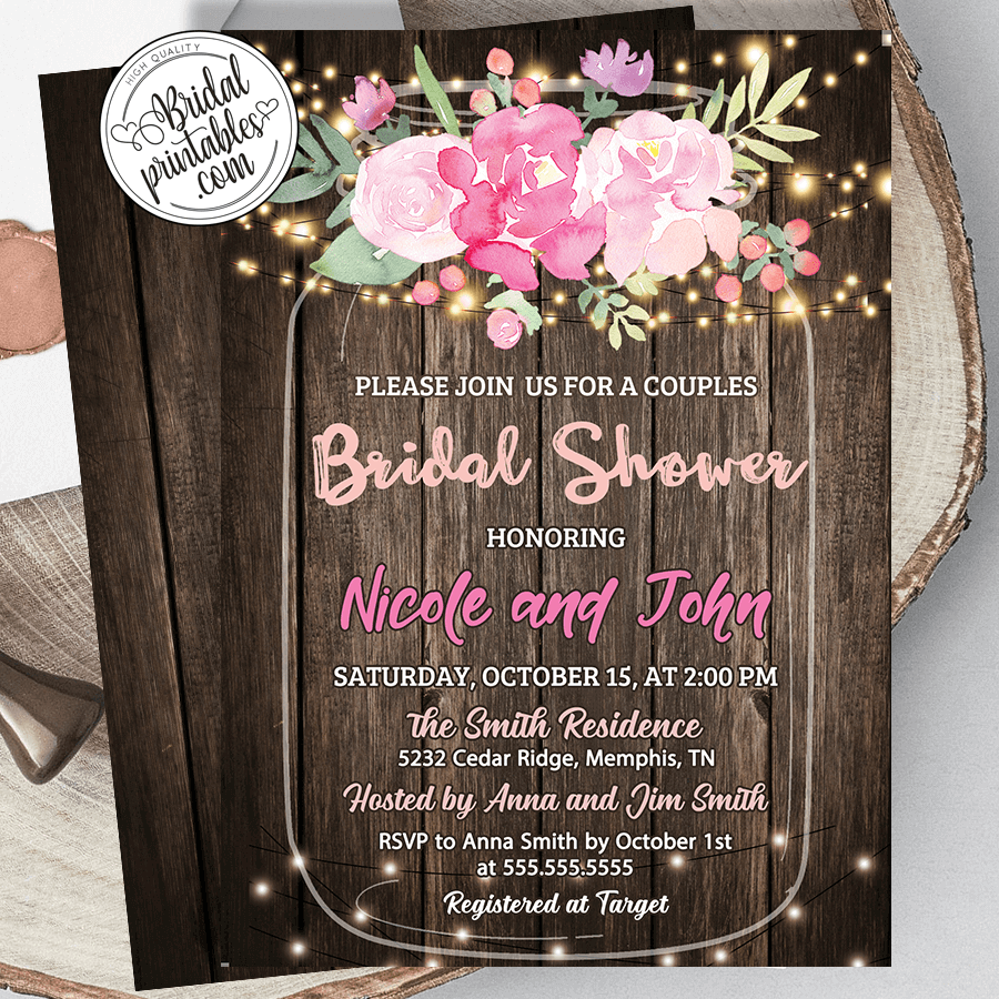 Pink Peonies Mason Jar Bridal Shower Invitations D129 Bridal Printables