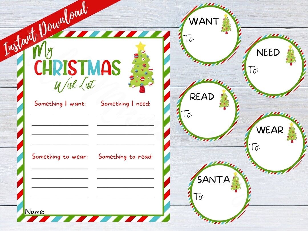 Printable Christmas Wish List Secret Santa Digital Download Want Need Wear Read List Dear Santa Letter Printable Christmas Gift Tags Etsy de