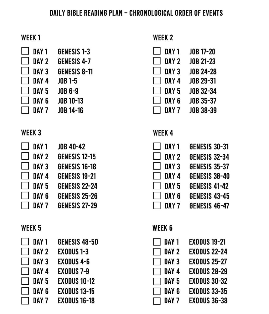Printable Chronological Bible Reading Plan Etsy UK