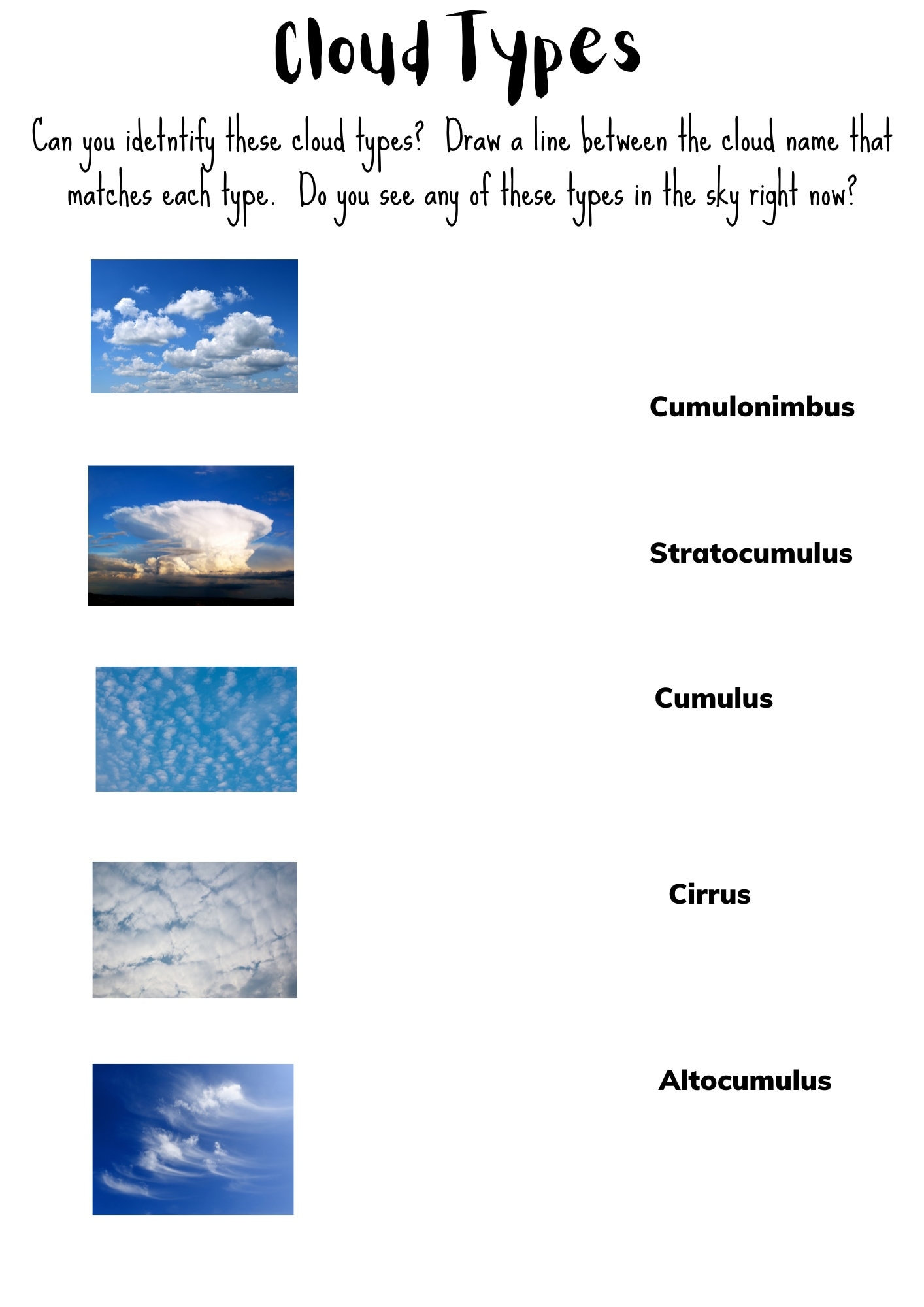 PRINTABLE Cloud Types Worksheet Roadtrip Games Science And Learning Etsy UK