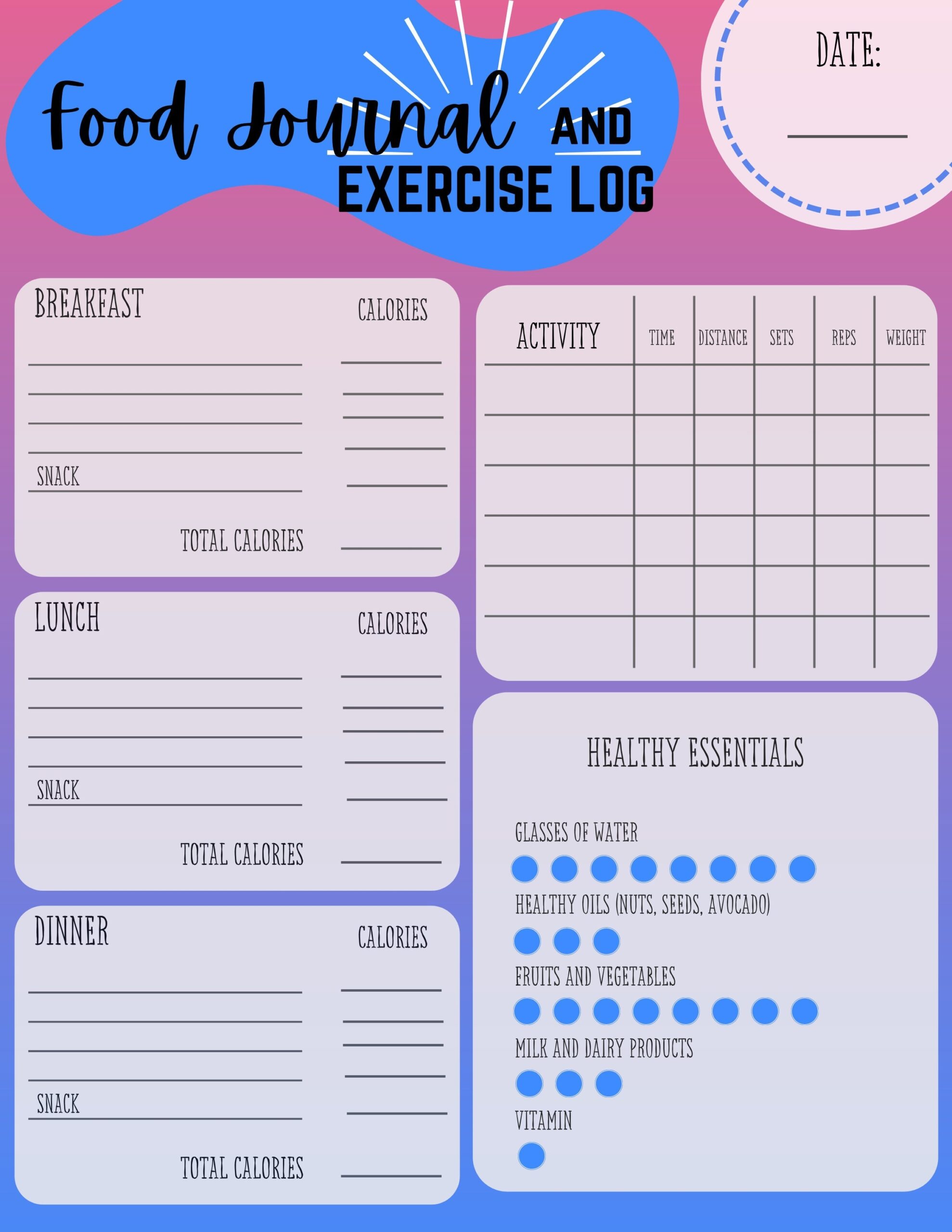 Printable Food Journal And Exercise Log Etsy UK