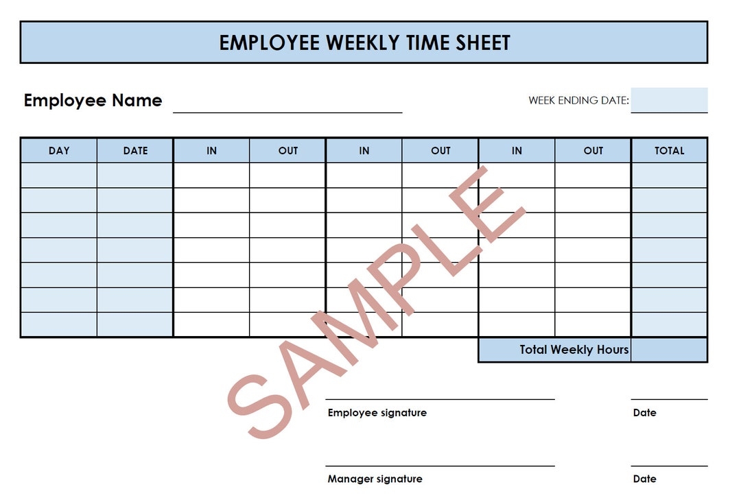 Printable PDF Weekly Timesheet In Out Printable Timesheet Time Card Time Tracker Work Log Timekeeping Sheet Etsy