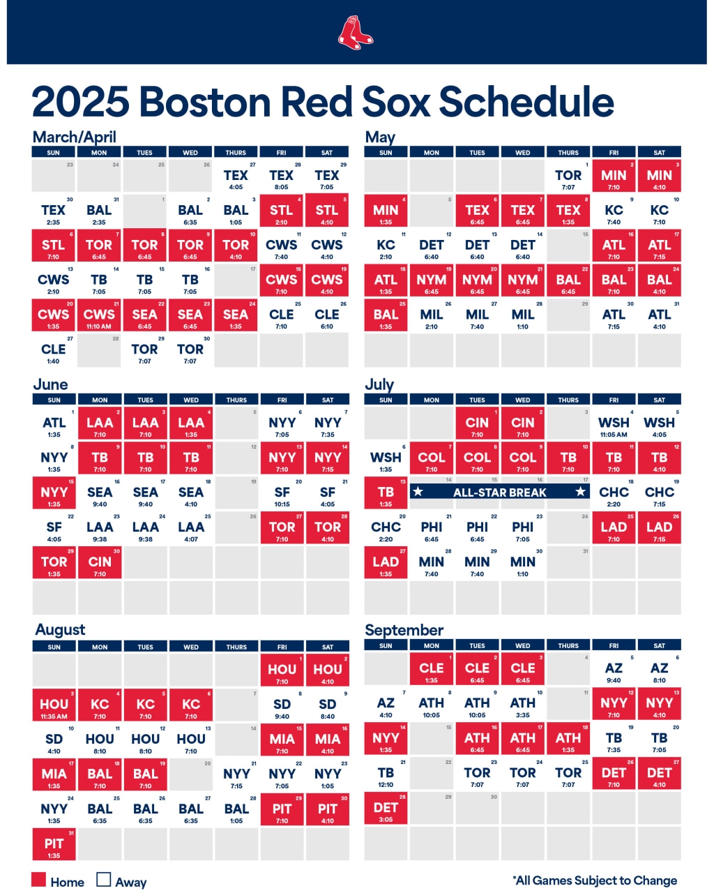 Printable Schedule Boston Red Sox
