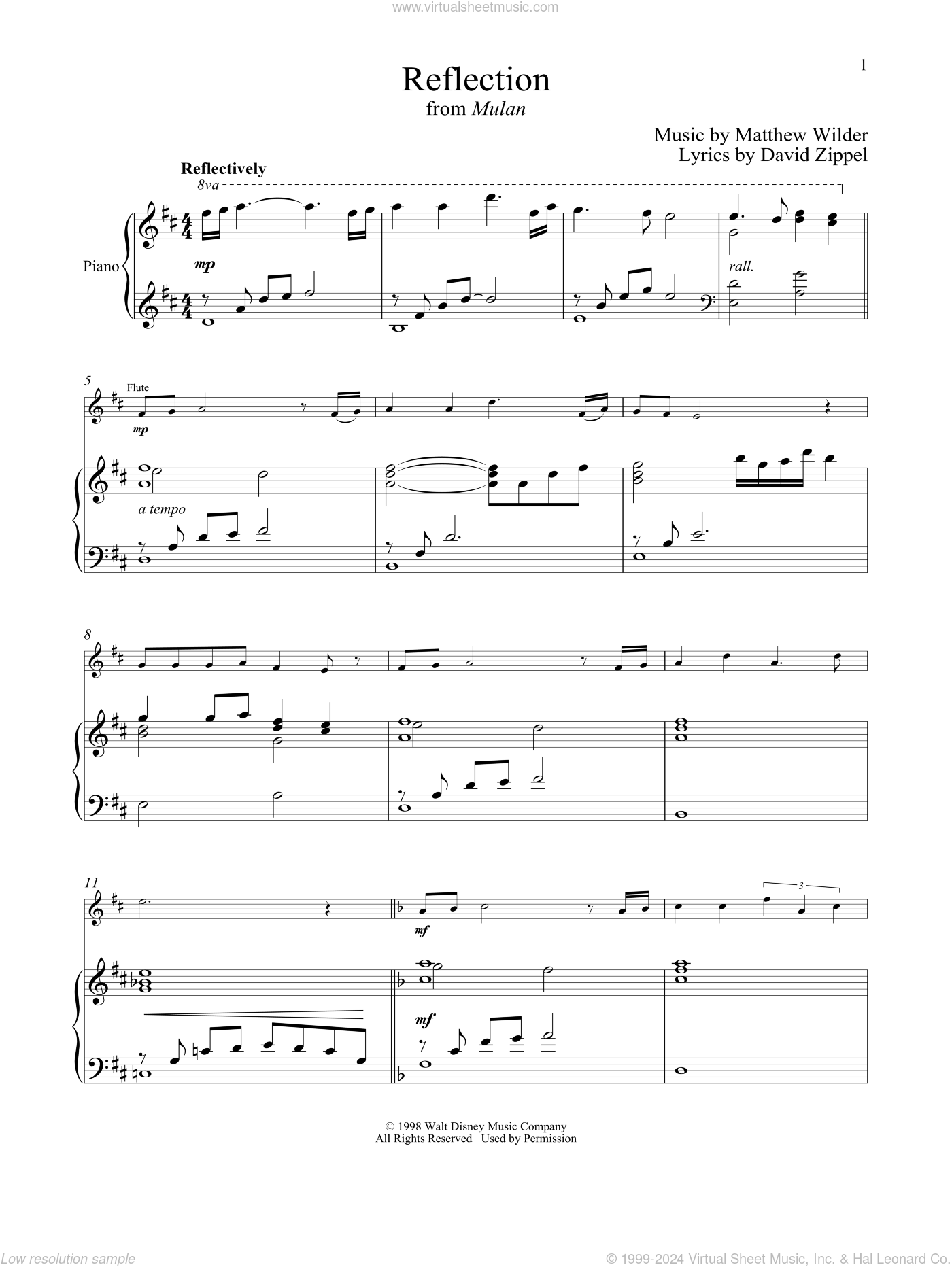 Reflection from Mulan Sheet Music For Flute And Piano PDF 