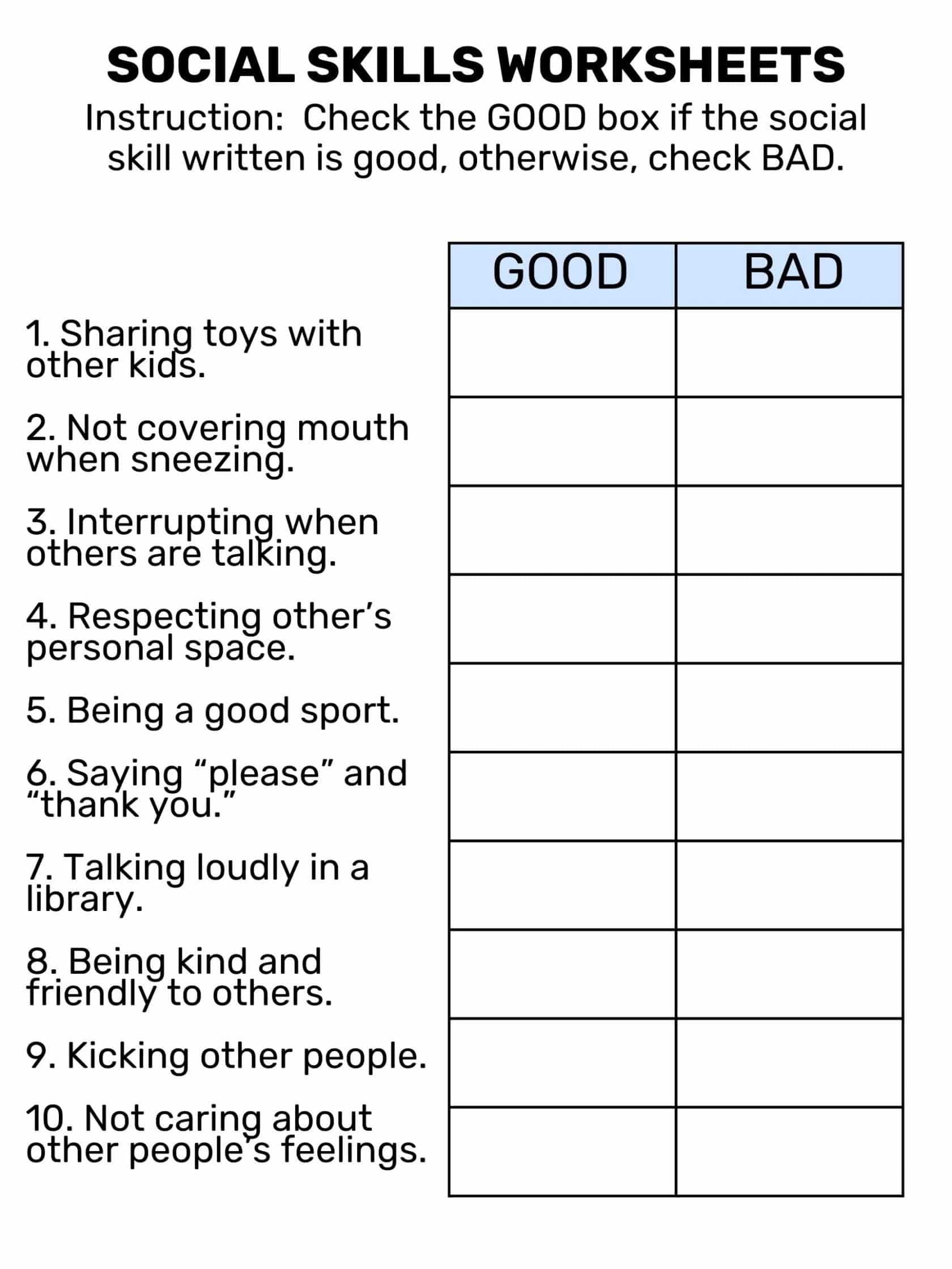 Free Printable Social Skills Worksheets For Adults