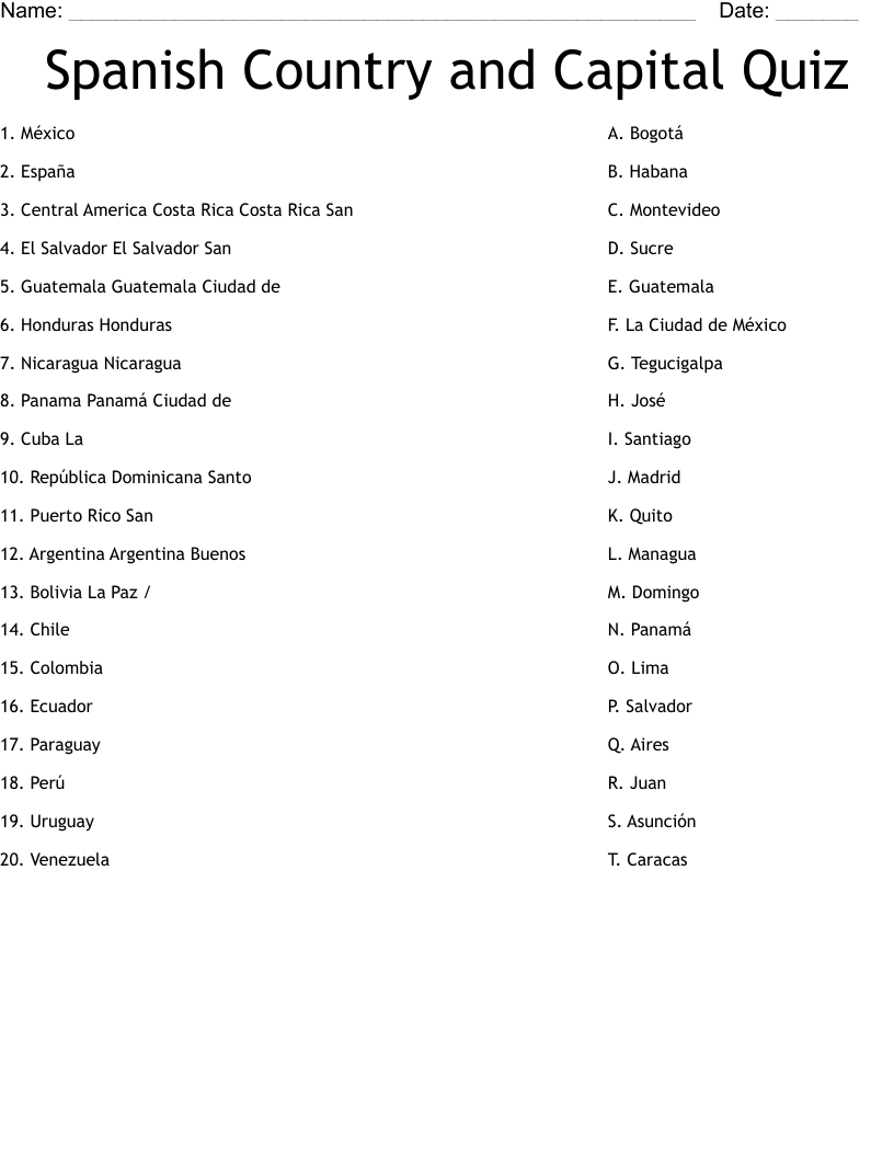 Spanish Country And Capital Quiz Worksheet WordMint
