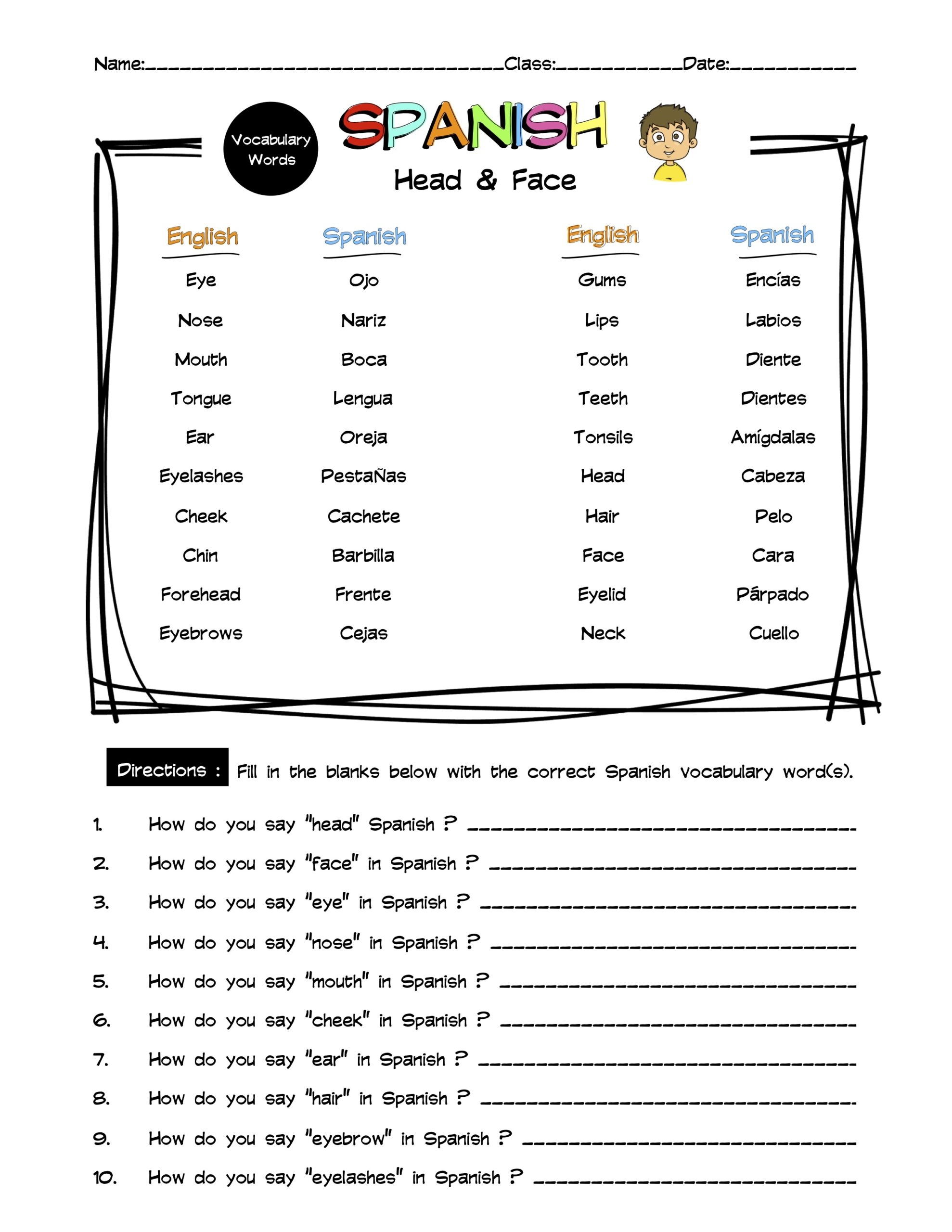 Spanish Head Face Vocabulary Word List Worksheet Answer Key Made By Teachers