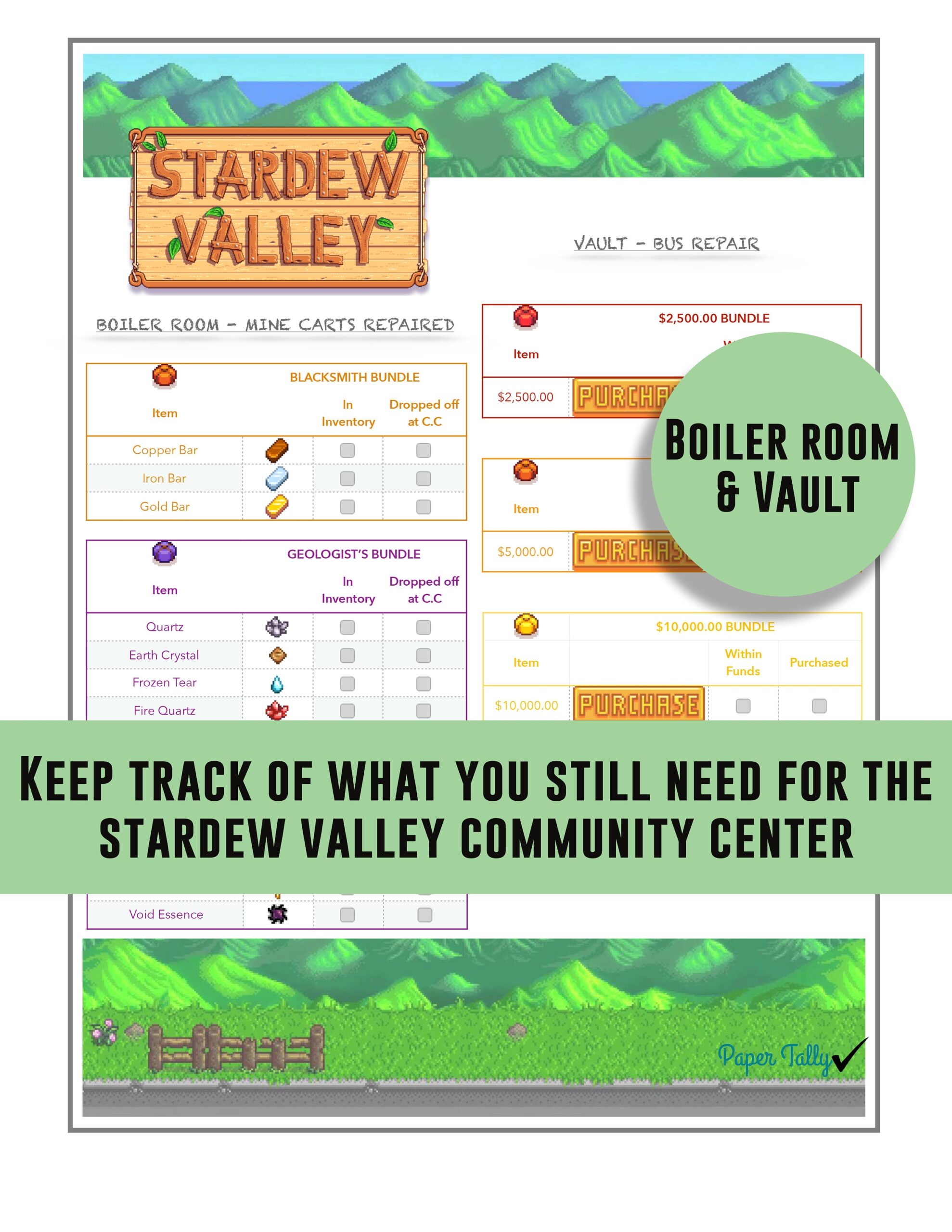 Stardew Valley Checklist Vault And Boiler Room Bundle Community Center Items Tracking List Game Check List Item List Etsy