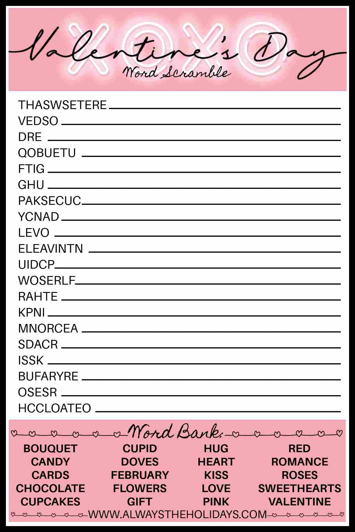 Valentine s Day Word Scramble With Answers Valentine s Printable