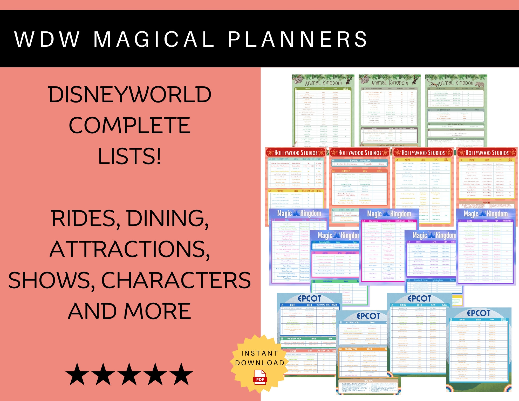 WDW Lists updated 2025 Rides Attractions Characters Shows Dining Options More Orlando Theme Park Printable Download PDF Etsy Australia