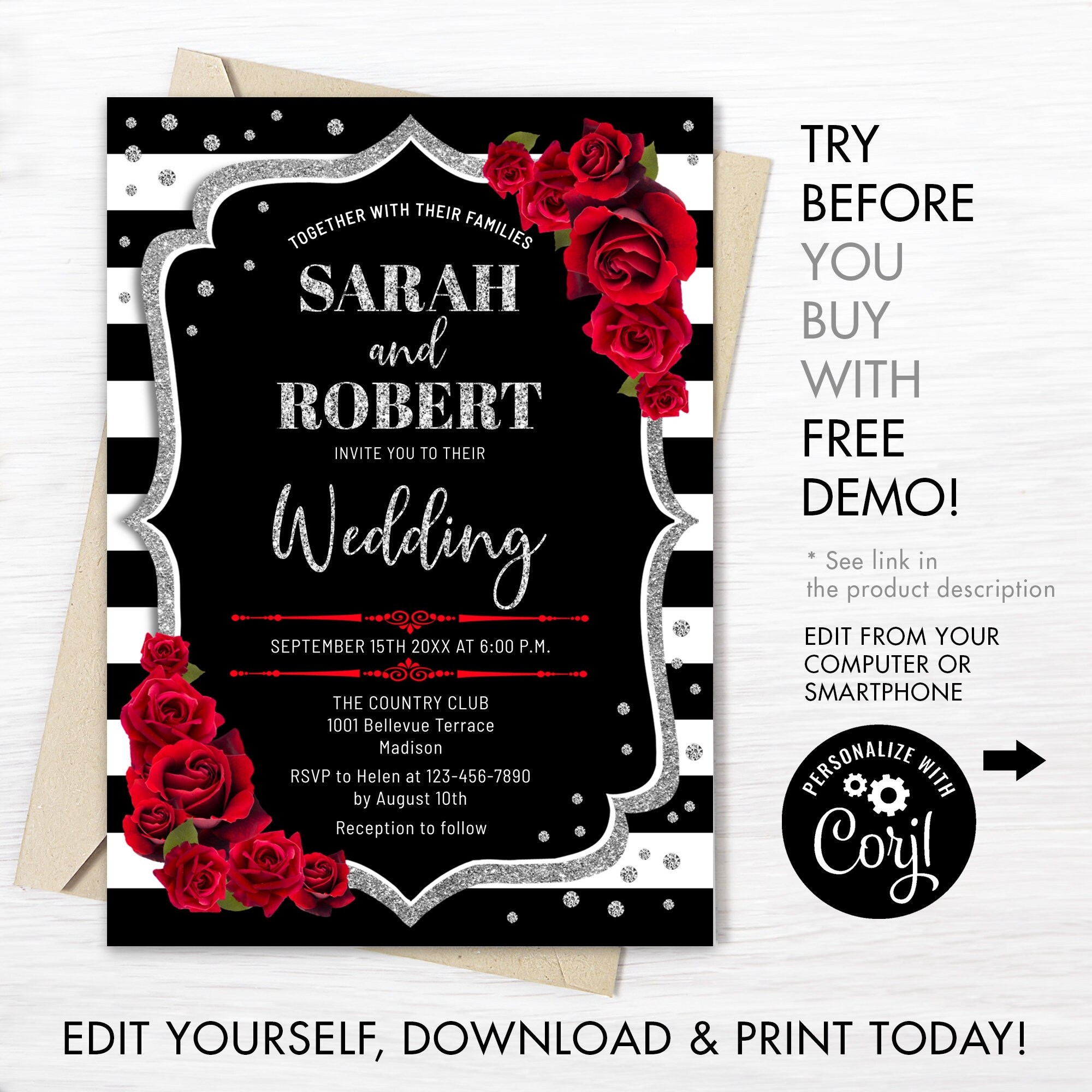 Wedding Invitation INSTANT DOWNLOAD Digital Template Black White Stripes Glitter Silver Red Roses Invite Etsy UK