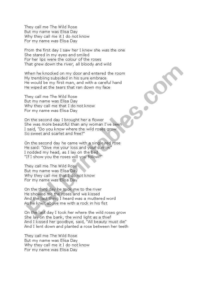 Where The Wild Roses Grow ESL Worksheet By Shalottslady