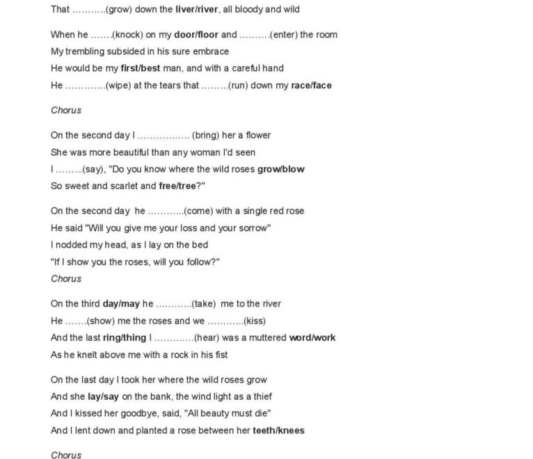 Where The Wild Roses Grow Song Gap English ESL Worksheets Pdf Doc