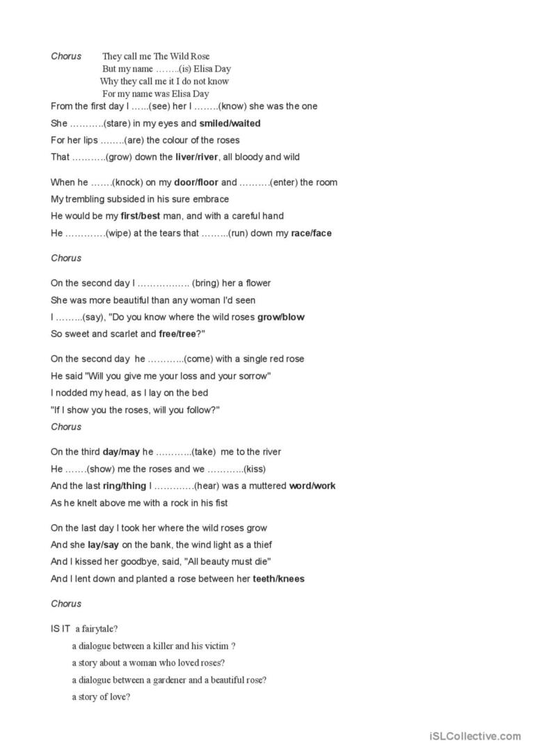 Where The Wild Roses Grow Song Gap English ESL Worksheets Pdf Doc