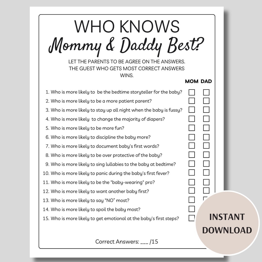 Who Knows Mommy And Daddy Best Baby Shower Game Printable Who Knows The Parents To Be Best Questions About The Parents Baby Shower Game Etsy