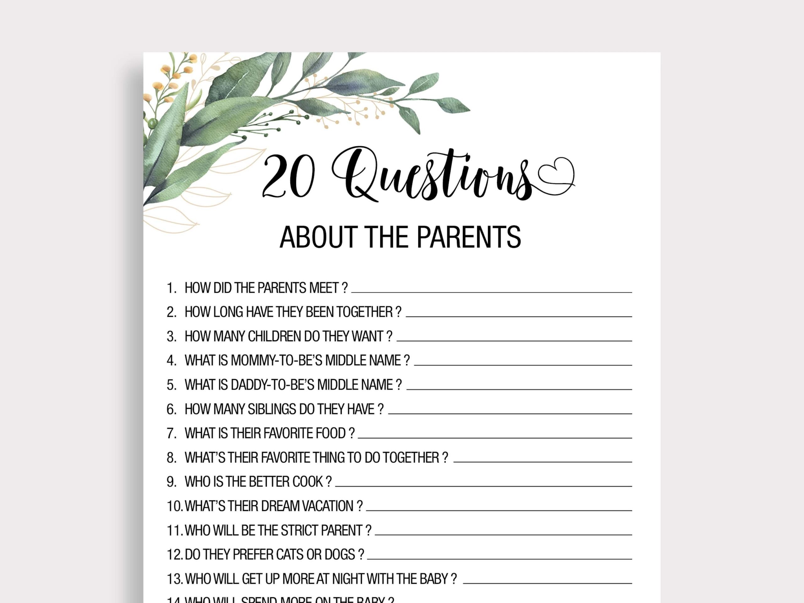 Who Knows Mommy And Daddy Best Game 20 Questions About The Parents Baby Shower Game Greenery Baby Shower Games Instant Download T16 Etsy