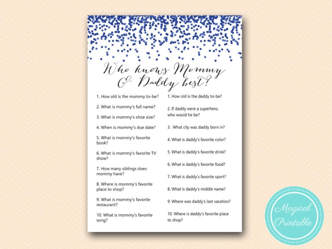 Who Knows Mommy And Daddy Best Game Printable Coed Baby Shower Game Navy Blue Confetti Baby Shower Games Boy Baby Shower Printable TLC408 Etsy