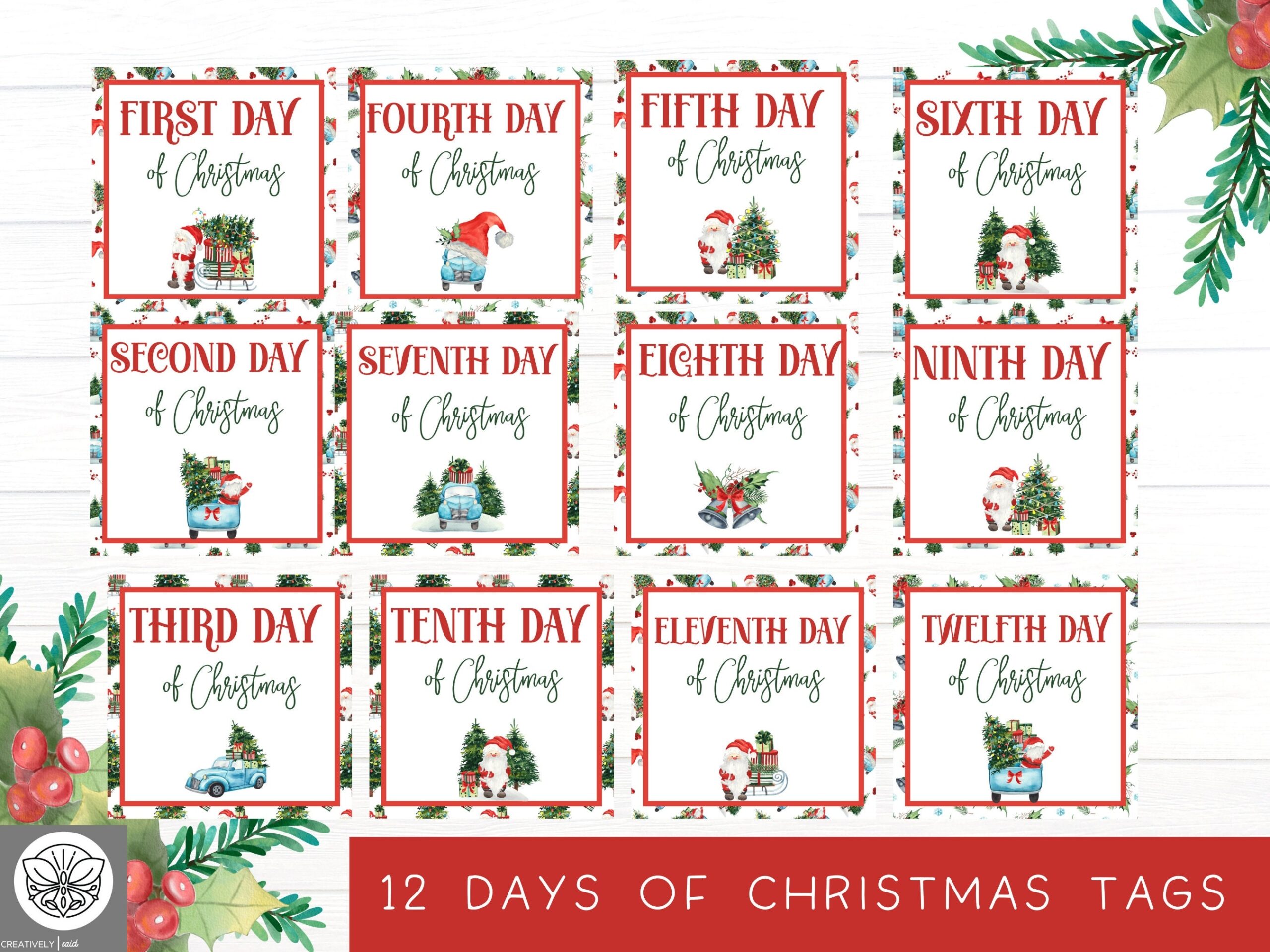 12 Days Of Christmas Tags Twelve Days Of Christmas Printable Christmas Cards 12 Days Xmas Cards Christmas Countdown Printable Etsy