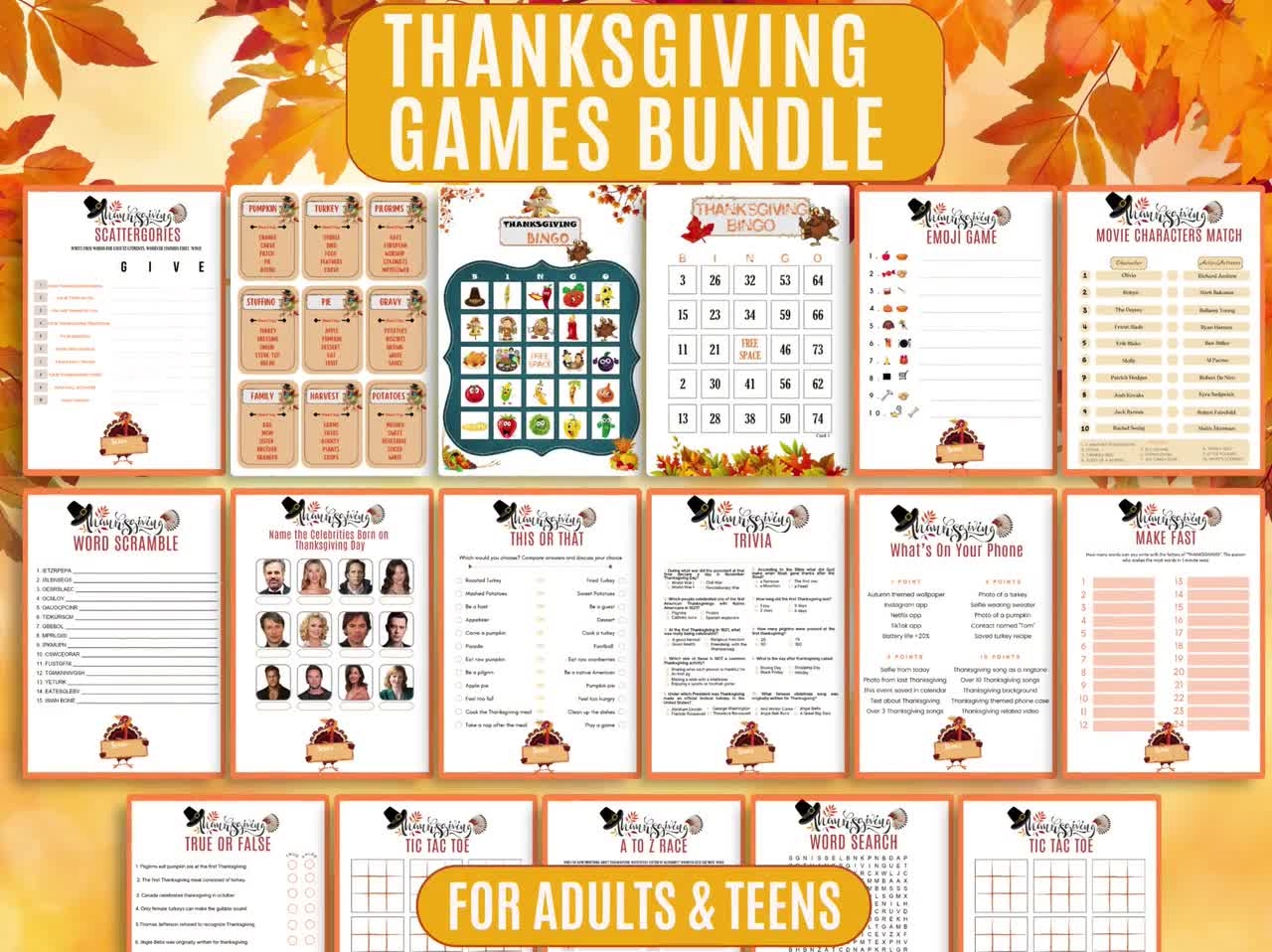 17 THANKSGIVING GAMES BUNDLE For Adults And Teens 17 Printable Games Etsy