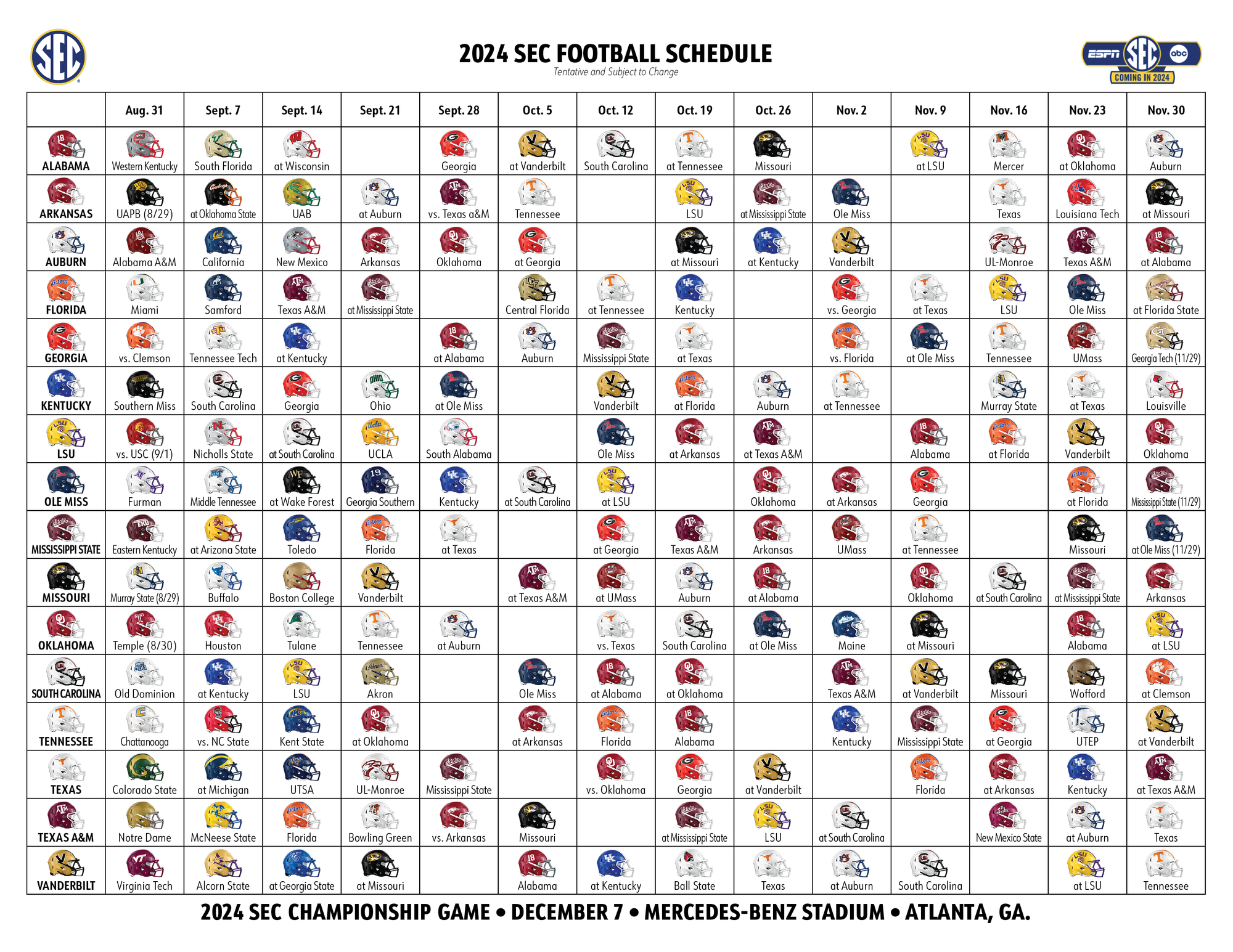 2024 SEC Football Helmet Schedule Southeastern Conference