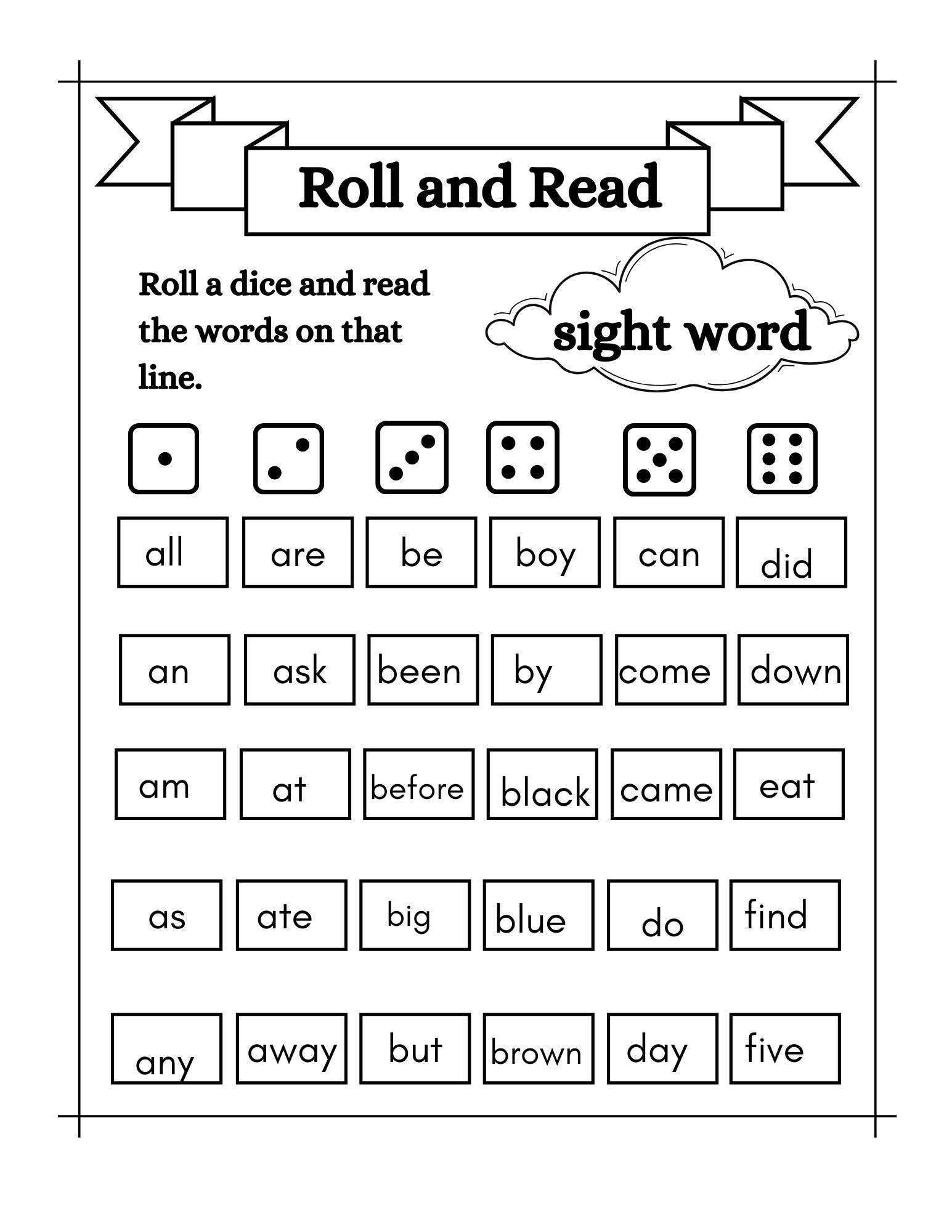 Free Printable Roll A Sight Word Worksheets