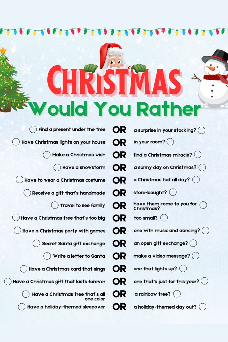 75 Christmas Would You Rather Questions Game For Kids Printable