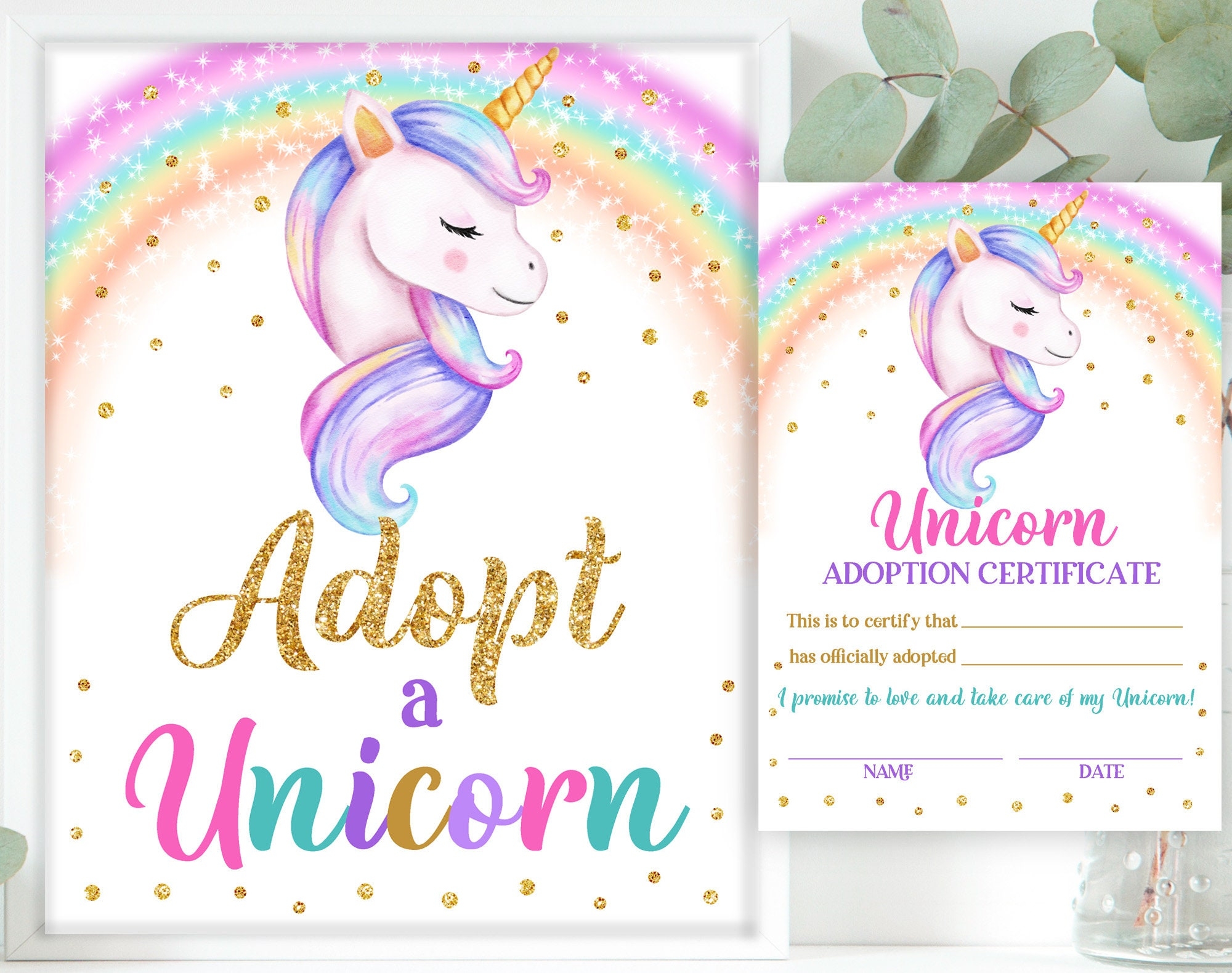 Adopt A Unicorn Sign Certificate Unicorn Adoption Birthday Party Favor Sign Game Rainbow Gold Digital Printable Download Bir249 Etsy