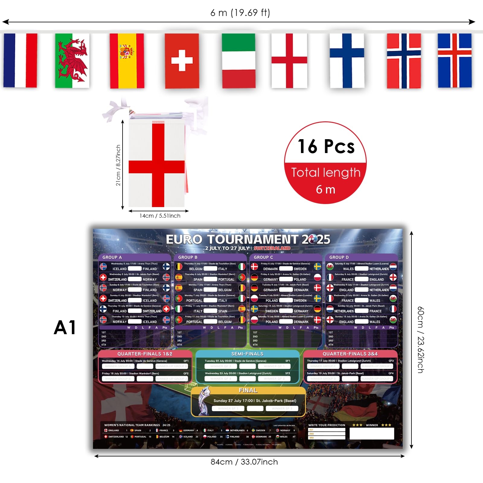 AhfuLife Women s Football Euro 2025 Flags Bunting And Wall Chart Poster Women s Euro 2025 Football Party