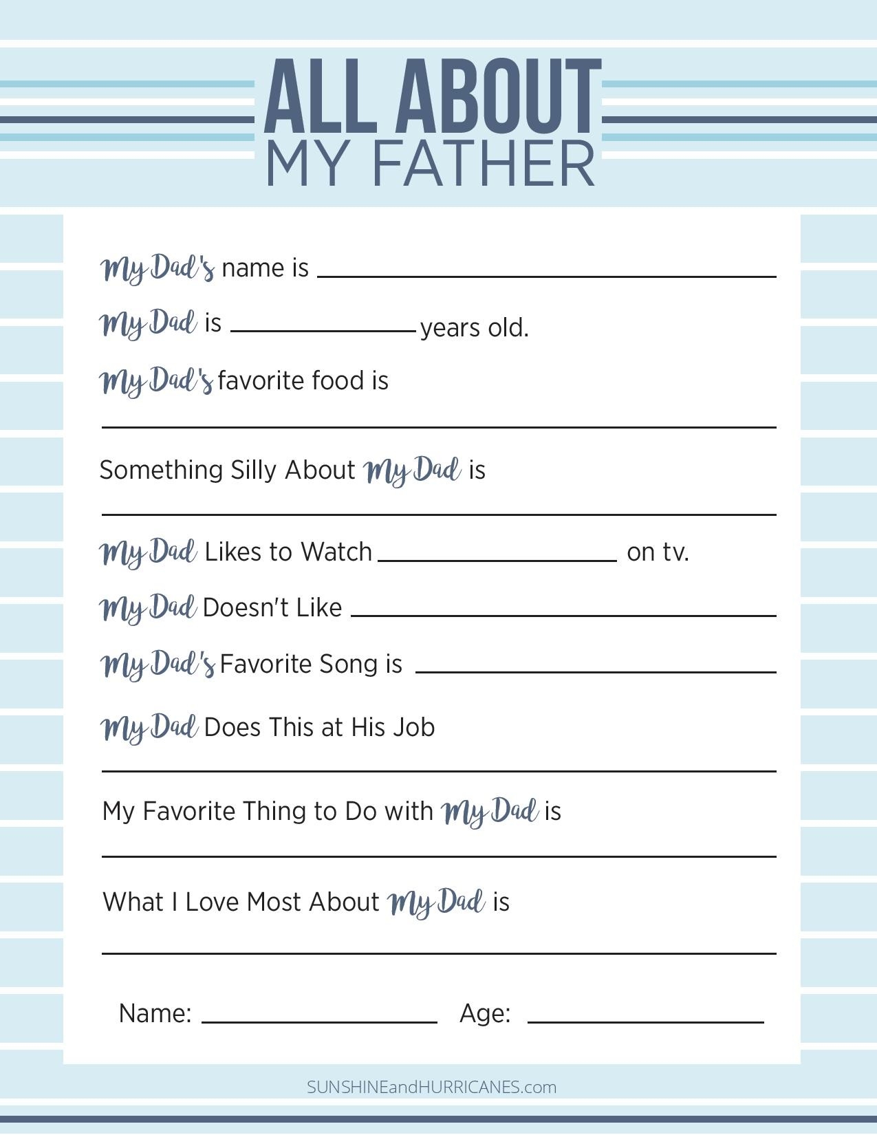 All About My Dad Questionnaire Printable