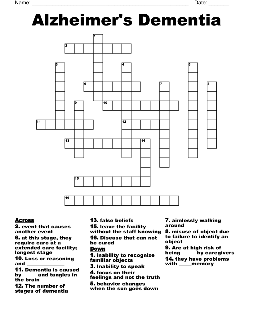 Alzheimer s Dementia Crossword WordMint