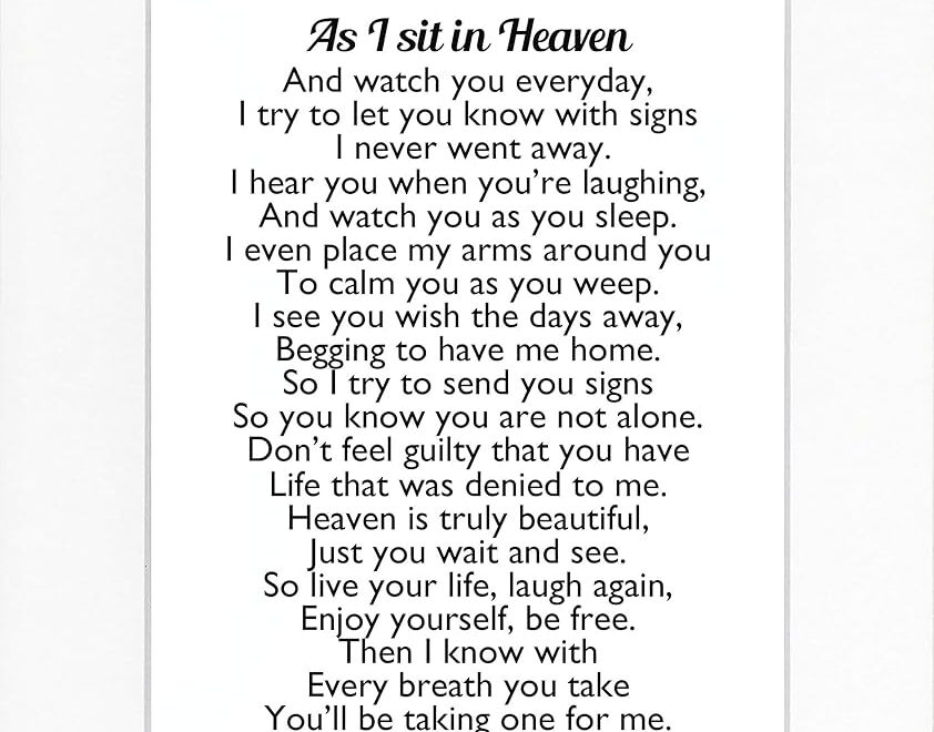 Amazon 8x10 UNFRAMED PRINT As I Sit In Heaven Poem Print Sign Memorial Remembrance In Loving Memory Wall D cor White Handmade Products