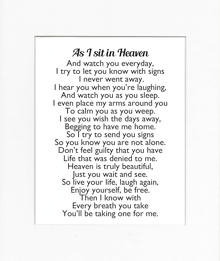 Amazon 8x10 UNFRAMED PRINT As I Sit In Heaven Poem Print Sign Memorial Remembrance In Loving Memory Wall D cor White Handmade Products