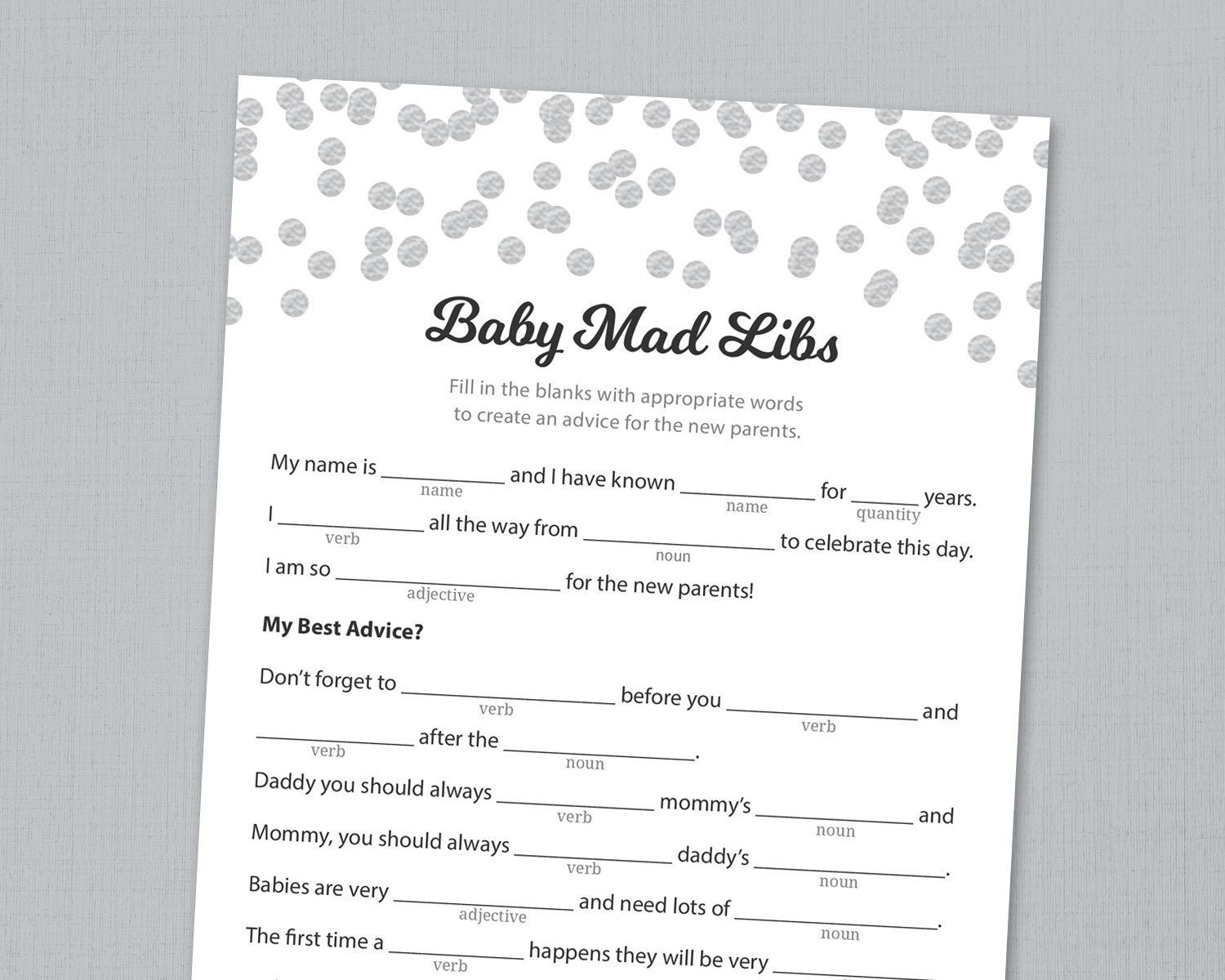 Baby Shower Mad Libs Printable Advice For The New Parents Grey Confetti Mad Libs Baby Shower Games Activities Instant Download B016 Etsy