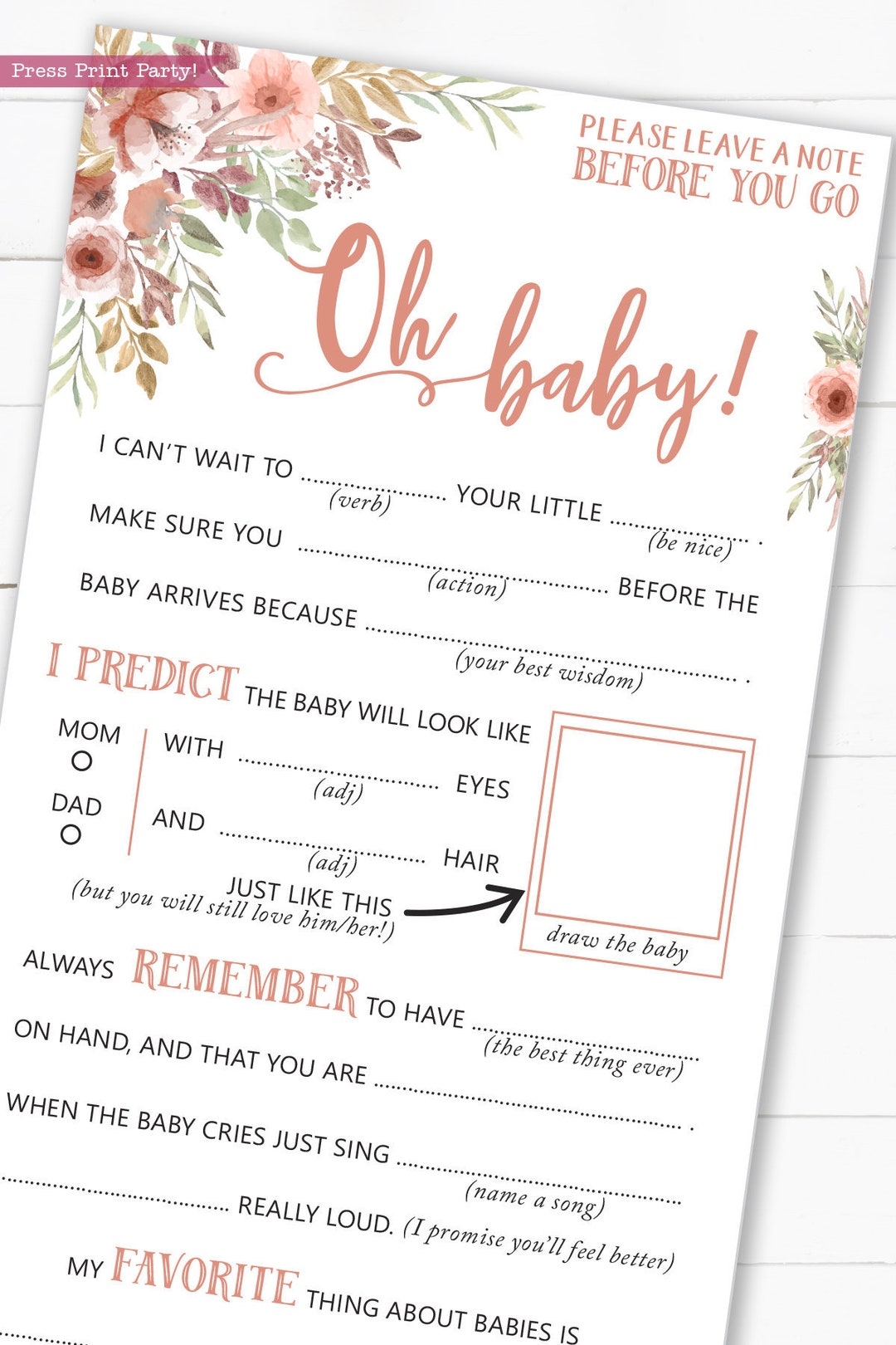 Baby Shower Mad Libs Printable Baby Shower Games Advice Card Baby Shower Activities Boy Girl Peach Flowers Oh Baby INSTANT DOWNLOAD Etsy