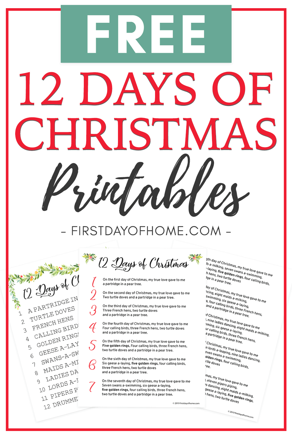 12 Days Of Christmas Free Printables