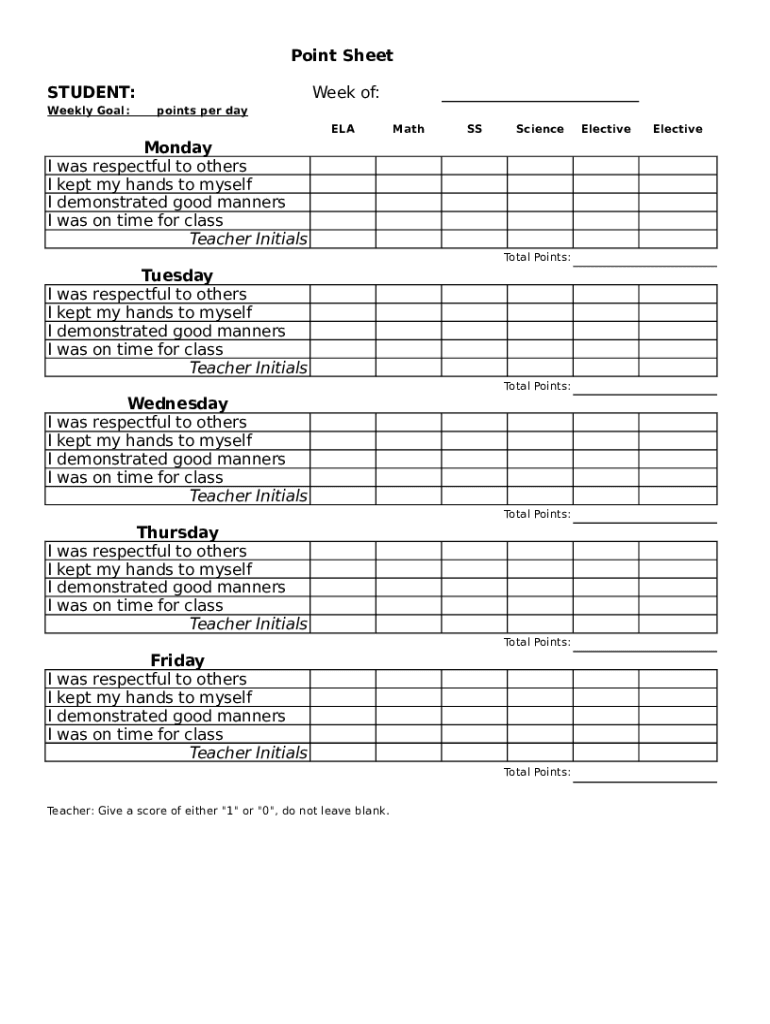 Behavior Point Sheet Fill Online Printable Fillable Blank PdfFiller