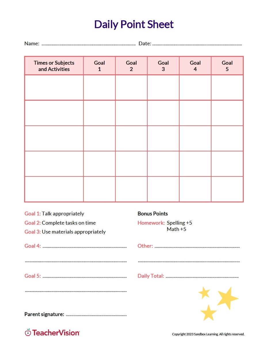 Behavior Point System Chart TeacherVision
