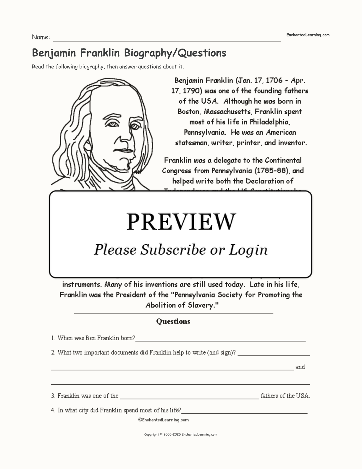 Benjamin Franklin Biography Questions Enchanted Learning