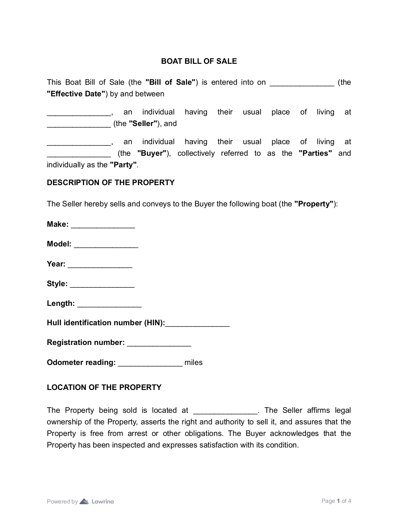Boat Bill Of Sale Template Download PDF Lawrina