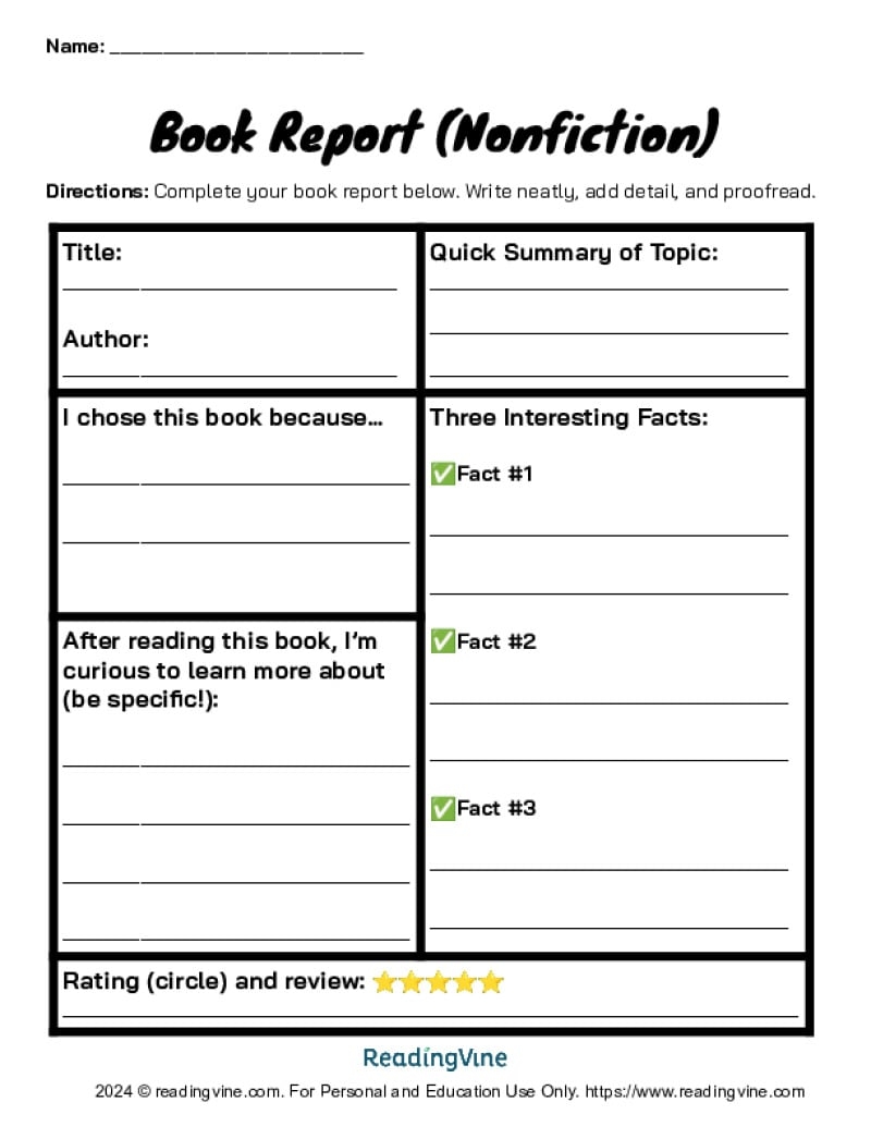 Book Report Templates For 2nd 8th Grade