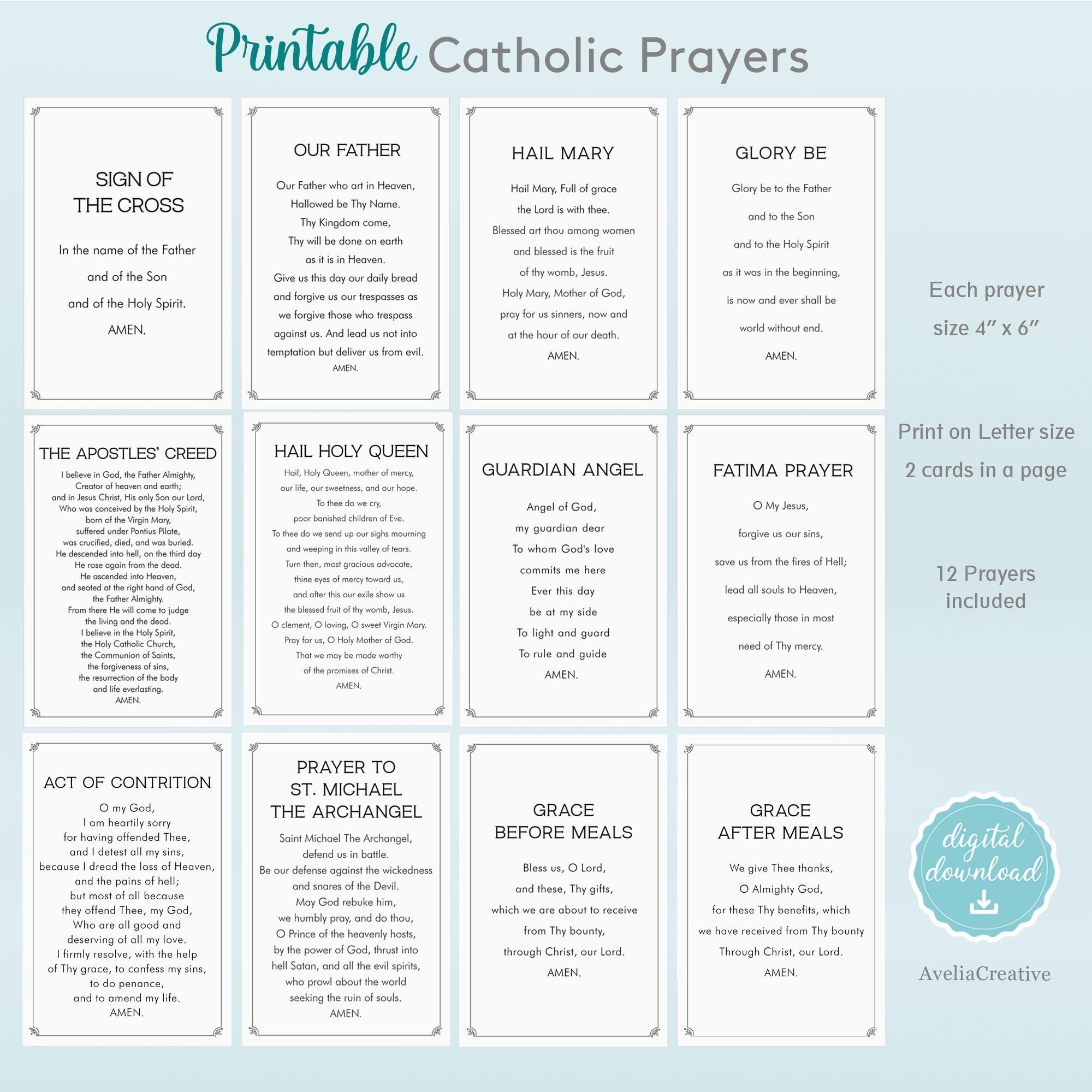Catholic Prayers Card Bundle Instant Download Printable Catholic Prayers For Kids Our Father Hail Mary Glory Be Grace Before After Meals Etsy