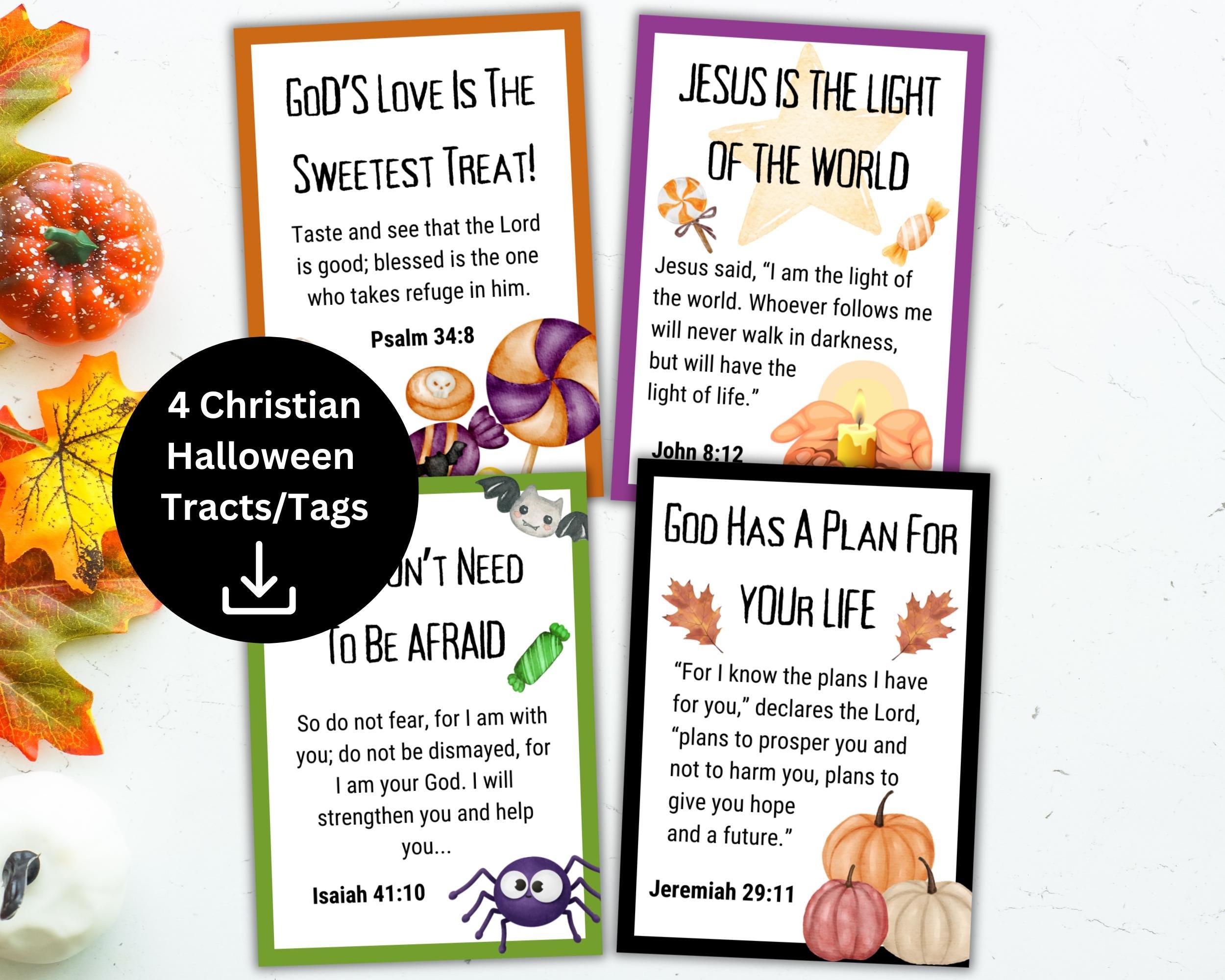 Christian Halloween Tracts Printable Bible Verse Halloween Scripture Cards Trick Or Treat Candy Handouts Halloween Treat Tag Candy Tag Etsy