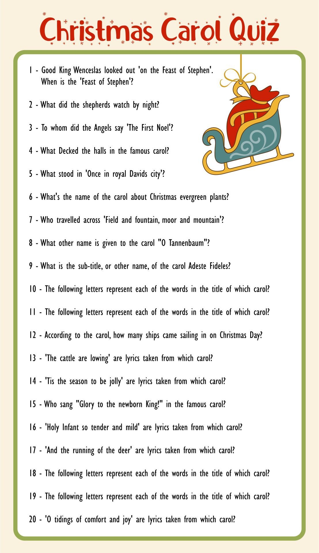 Christmas Carol Trivia 15 Free PDF Printables Printablee