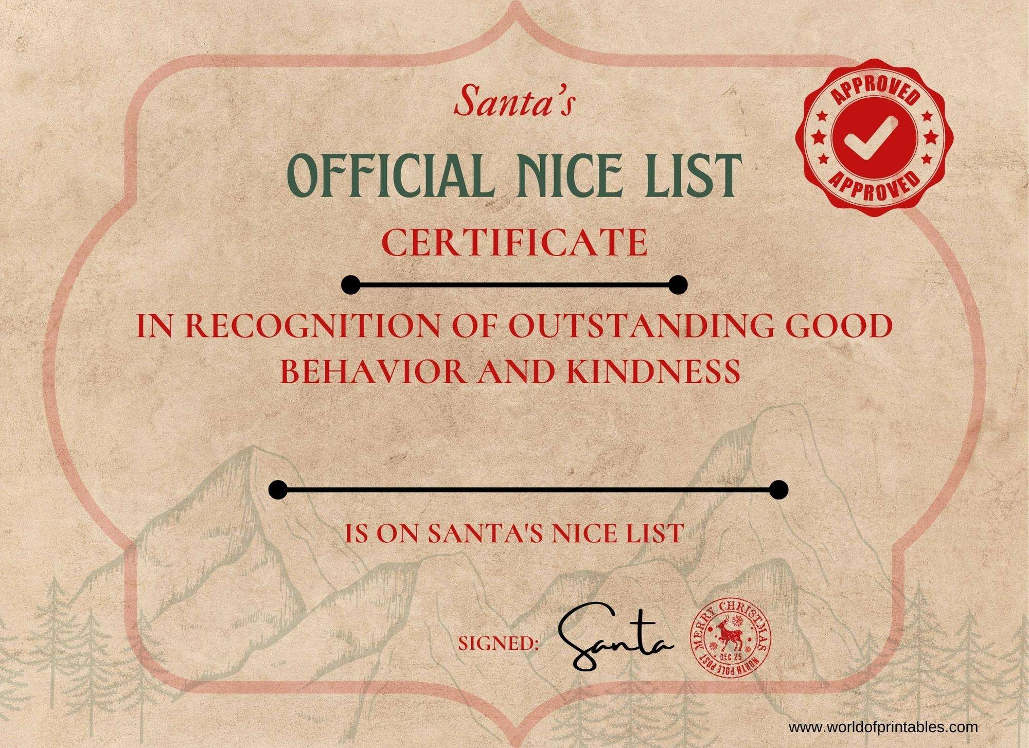 Christmas Nice List Certificate From Santa Free Printable To Personalize