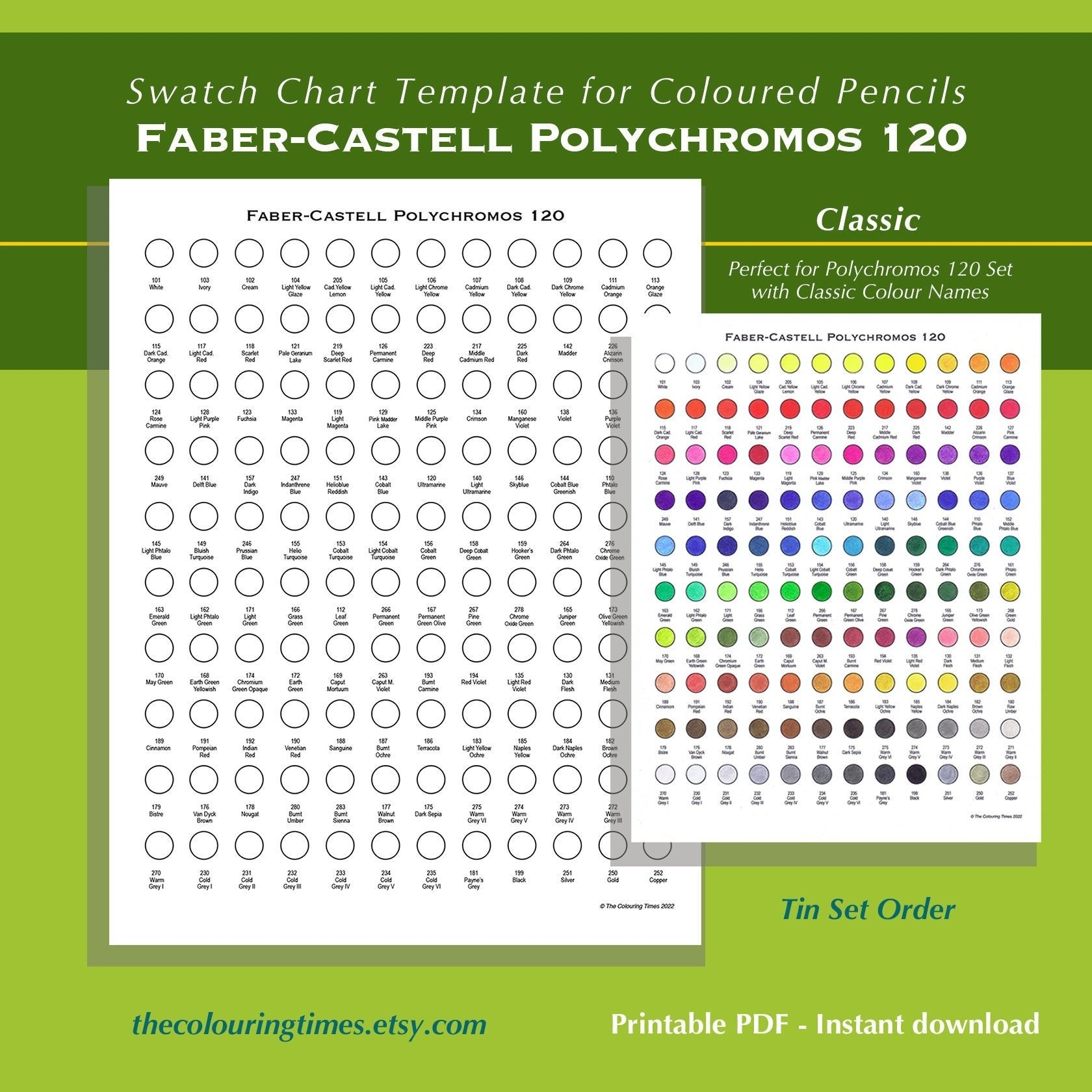 Classic Polychromos 120 Faber Castell Swatch Chart Template Printable PDF Colour Chart For Coloured Pencils Polys 120 Set Names And Numbers Etsy