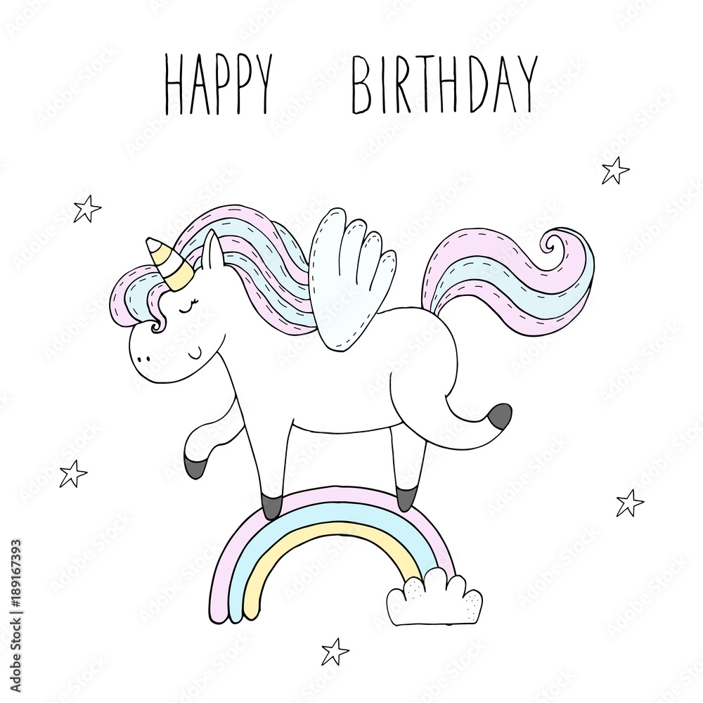 Cute Unicorn Print For Kids Happy Birthday Card Stock Vector Adobe Stock